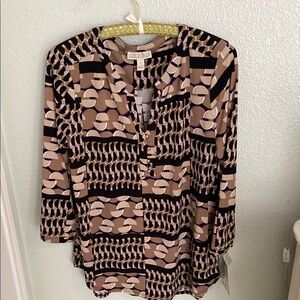 Dana Buchman Brown and Cream Button Down Blouse with Mandarin Collar